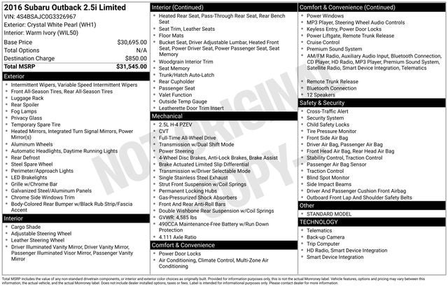 2016 Subaru Outback 2.5i Limited